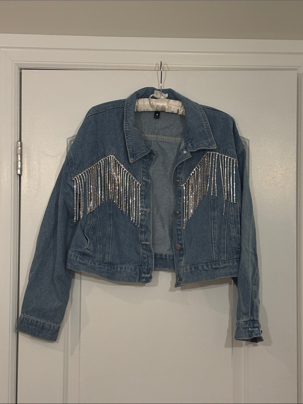 Aqua Blue Denim Jacket with Rhinestone Fringe